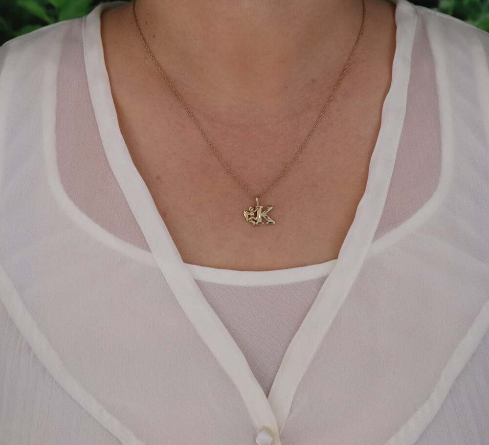 Pendant Only 14k Yellow Gold Letter K Initial Monogram Angel Pendant 1/2" x 5/8" - Picture 4 of 7